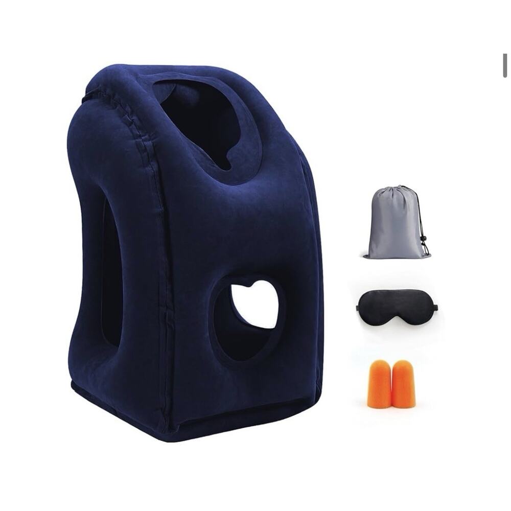Gloserin Inflatable Travel Neck Pillow Blue w/ Bag Eye Mask Earplugs